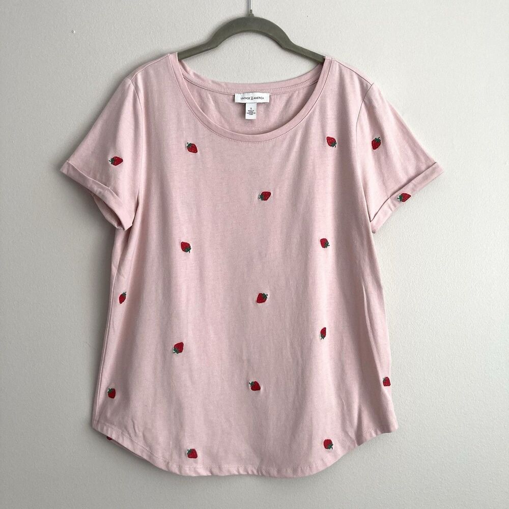 Vintage America Womens Strawberry Embroidered Tee Pink Size Small Casual